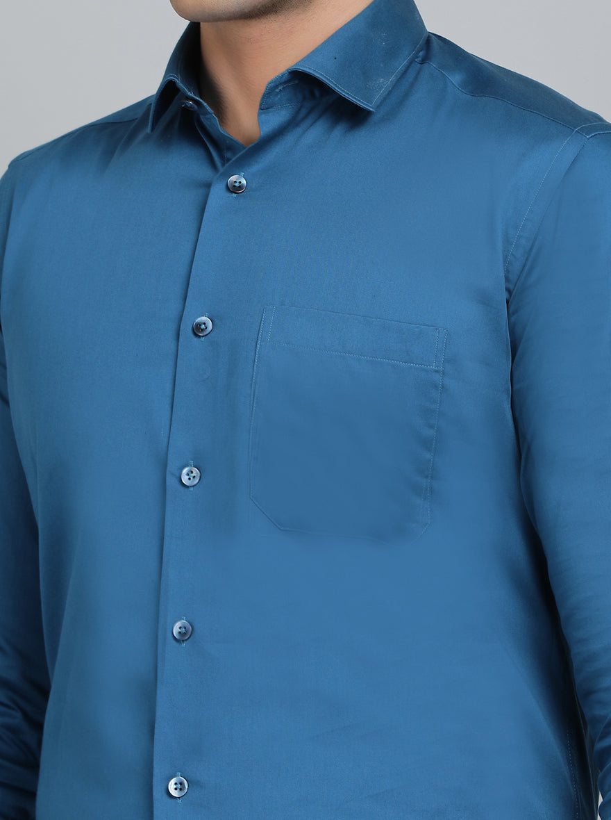 Blue Solid Slim Fit Formal Shirt | Metal