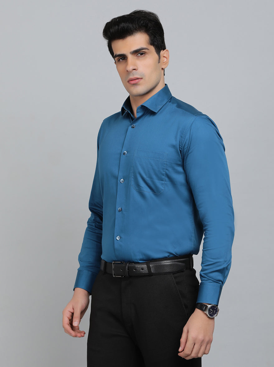 Blue Solid Slim Fit Formal Shirt | Metal
