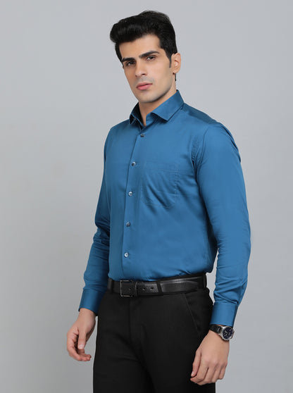 Blue Solid Slim Fit Formal Shirt | Metal