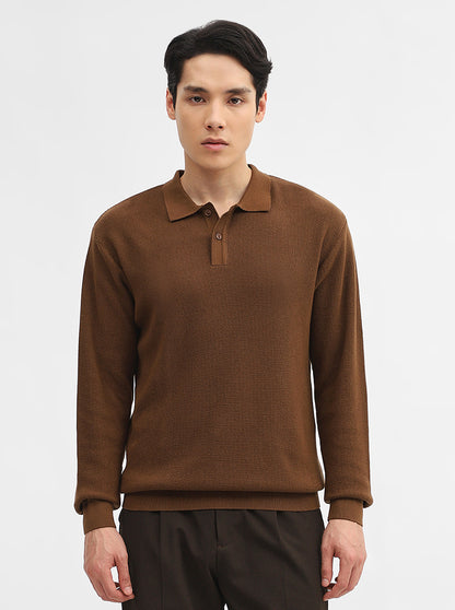 Brown Jacquard Slim Fit Winter T-Shirt | JadeBlue