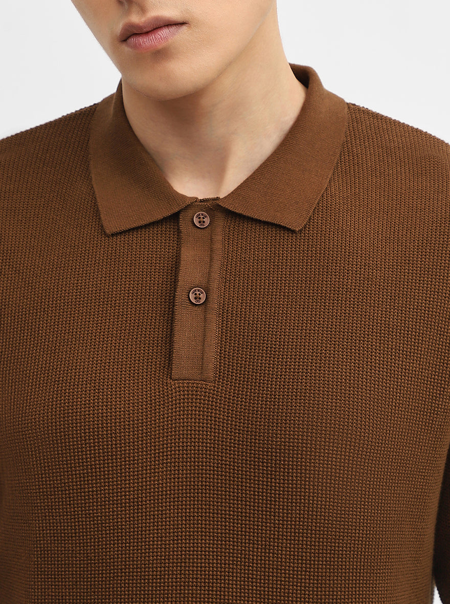Brown Jacquard Slim Fit Winter T-Shirt | JadeBlue