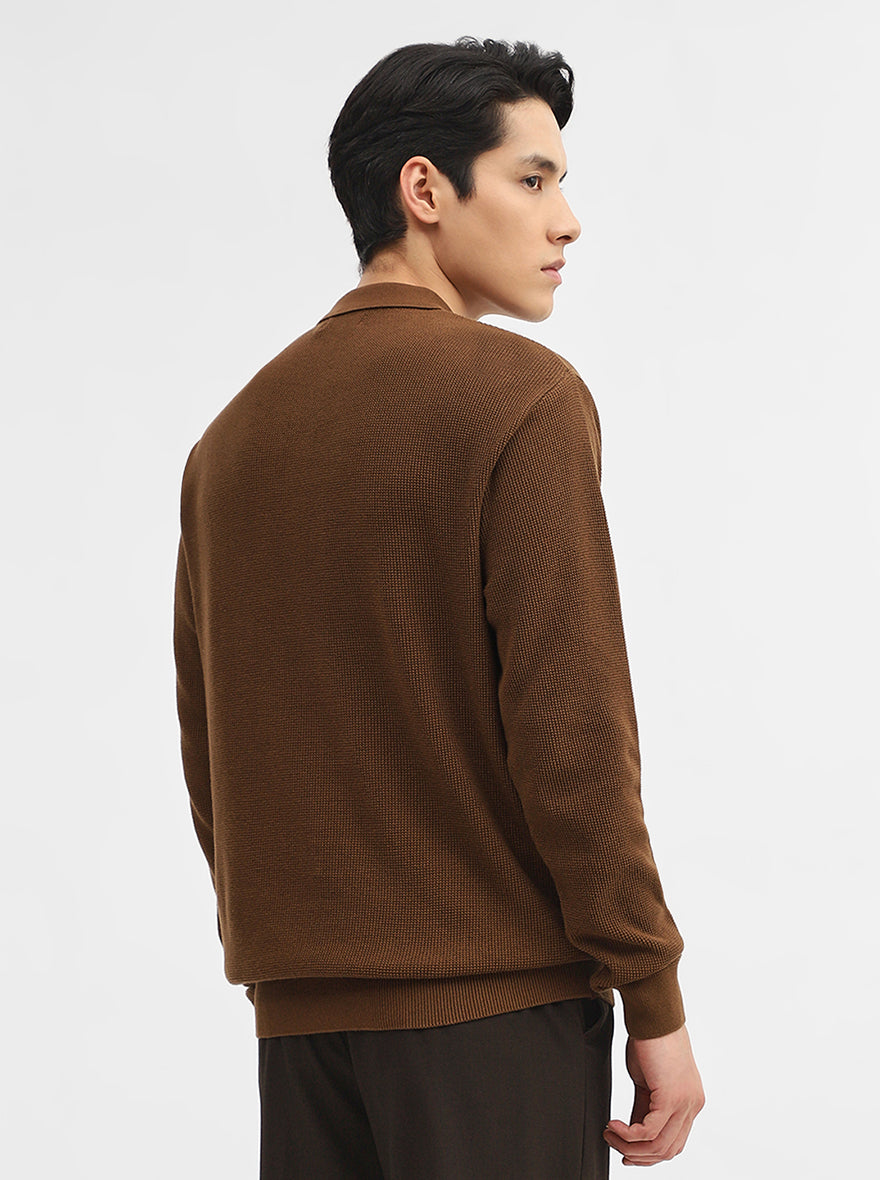 Brown Jacquard Slim Fit Winter T-Shirt | JadeBlue