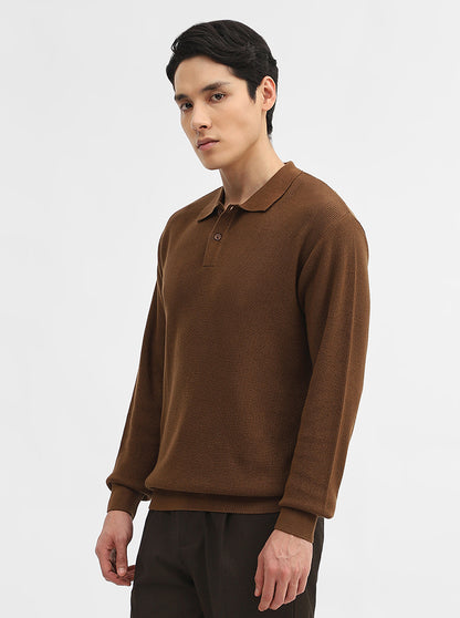 Brown Jacquard Slim Fit Winter T-Shirt | JadeBlue