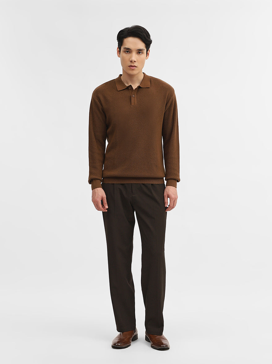 Brown Jacquard Slim Fit Winter T-Shirt | JadeBlue