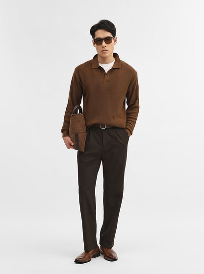 Brown Jacquard Slim Fit Winter T-Shirt | JadeBlue