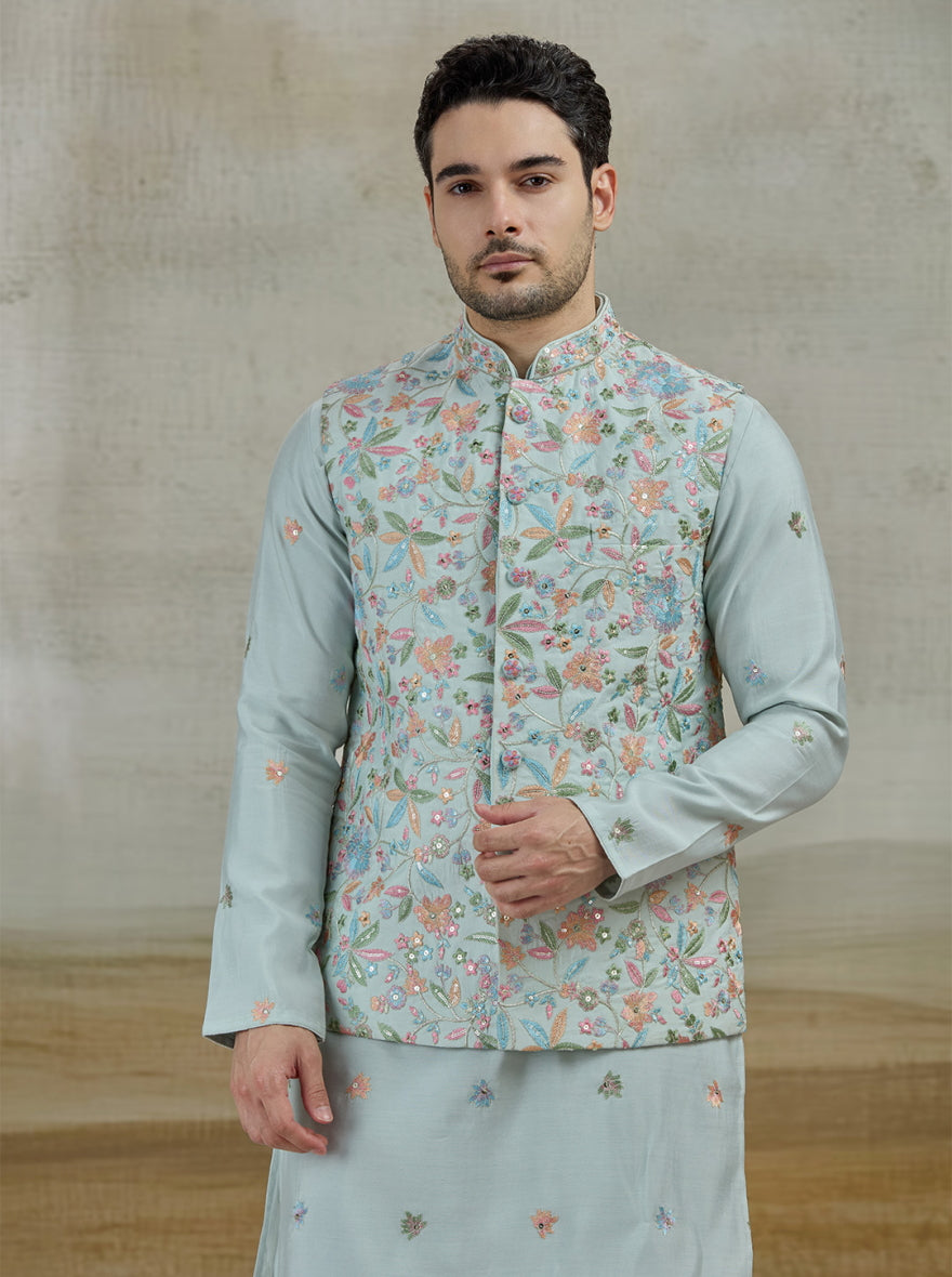 Sky Blue Embroidered Kurta Pajama with Koti | Virasana