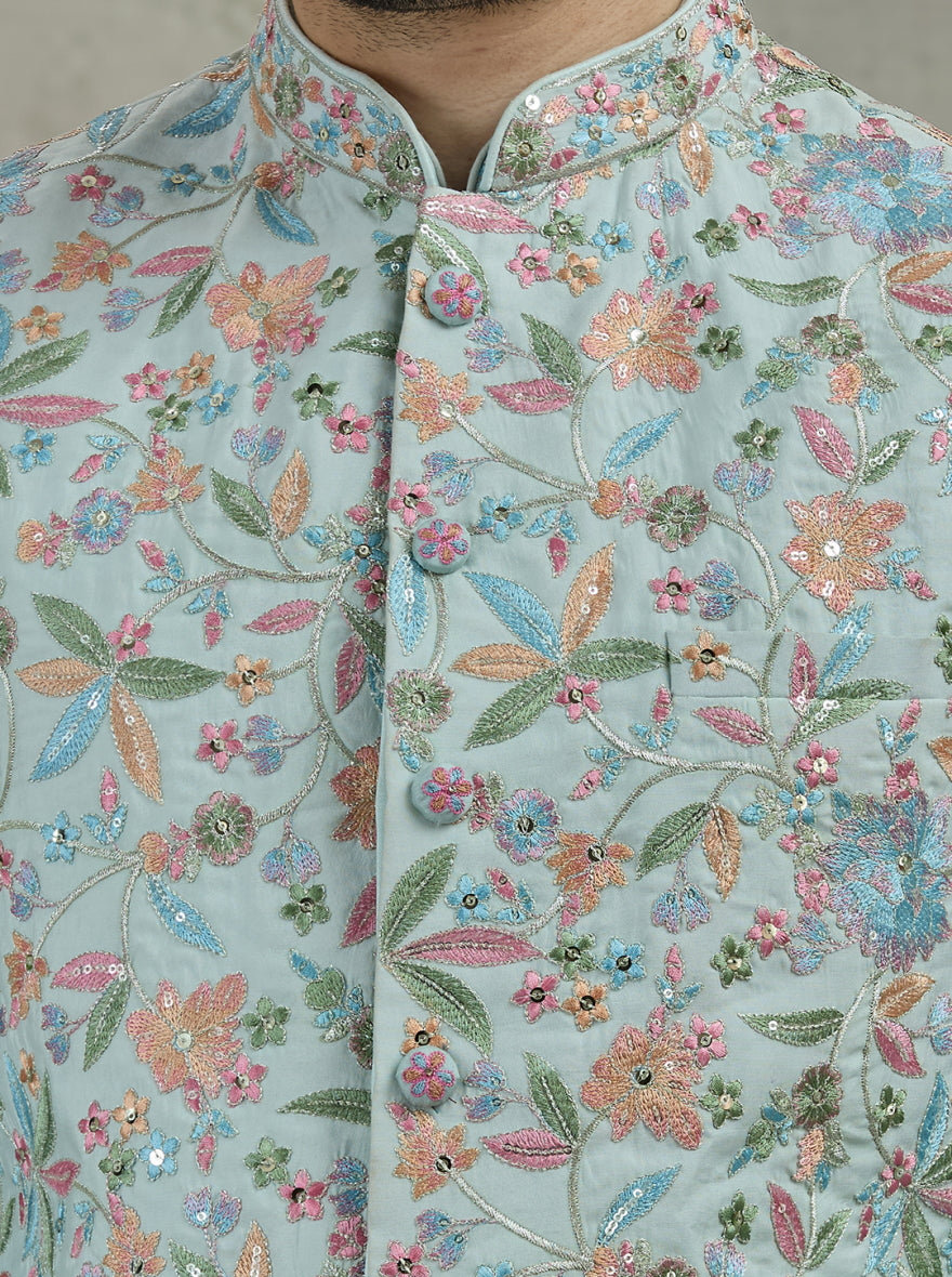 Sky Blue Embroidered Kurta Pajama with Koti | Virasana
