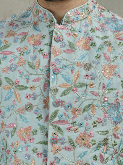 Sky Blue Embroidered Kurta Pajama with Koti | Virasana