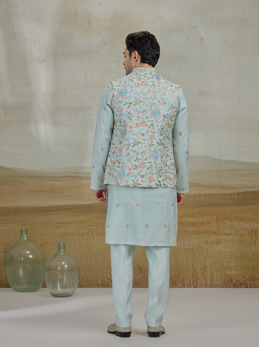 Sky Blue Embroidered Kurta Pajama with Koti | Virasana