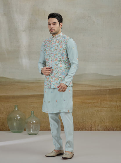 Sky Blue Embroidered Kurta Pajama with Koti | Virasana