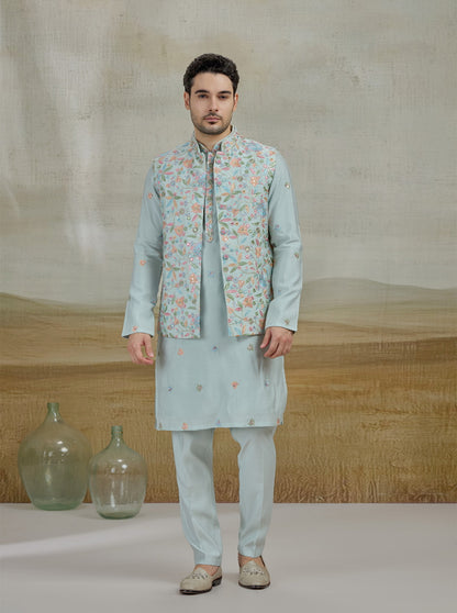 Sky Blue Embroidered Kurta Pajama with Koti | Virasana