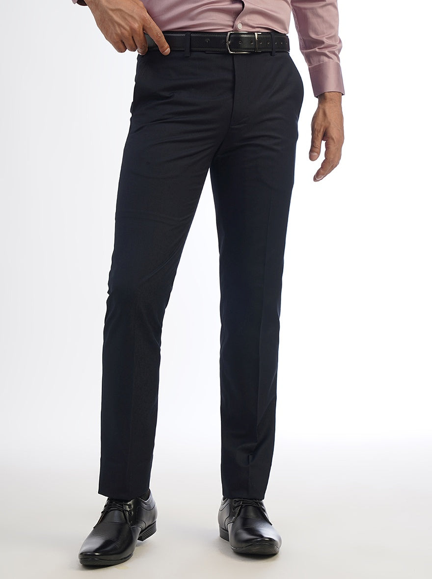 Navy Blue Solid Slim Fit Formal Trouser | Metal