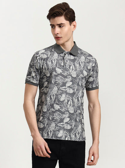Olive Grey Printed Slim Fit Polo T-Shirt | JadeBlue