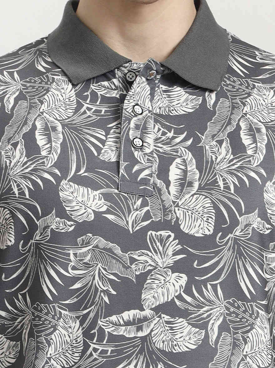Olive Grey Printed Slim Fit Polo T-Shirt | JadeBlue