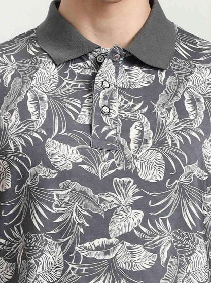 Olive Grey Printed Slim Fit Polo T-Shirt | JadeBlue