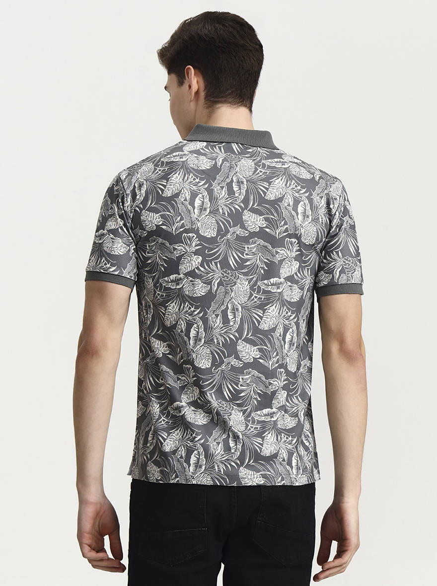 Olive Grey Printed Slim Fit Polo T-Shirt | JadeBlue