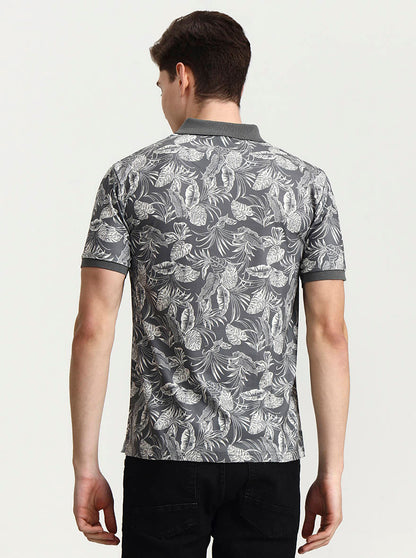 Olive Grey Printed Slim Fit Polo T-Shirt | JadeBlue