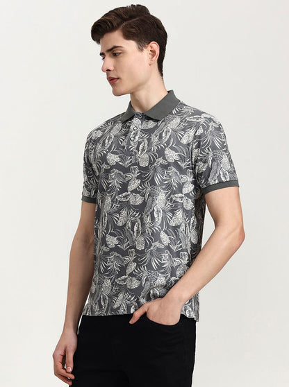 Olive Grey Printed Slim Fit Polo T-Shirt | JadeBlue