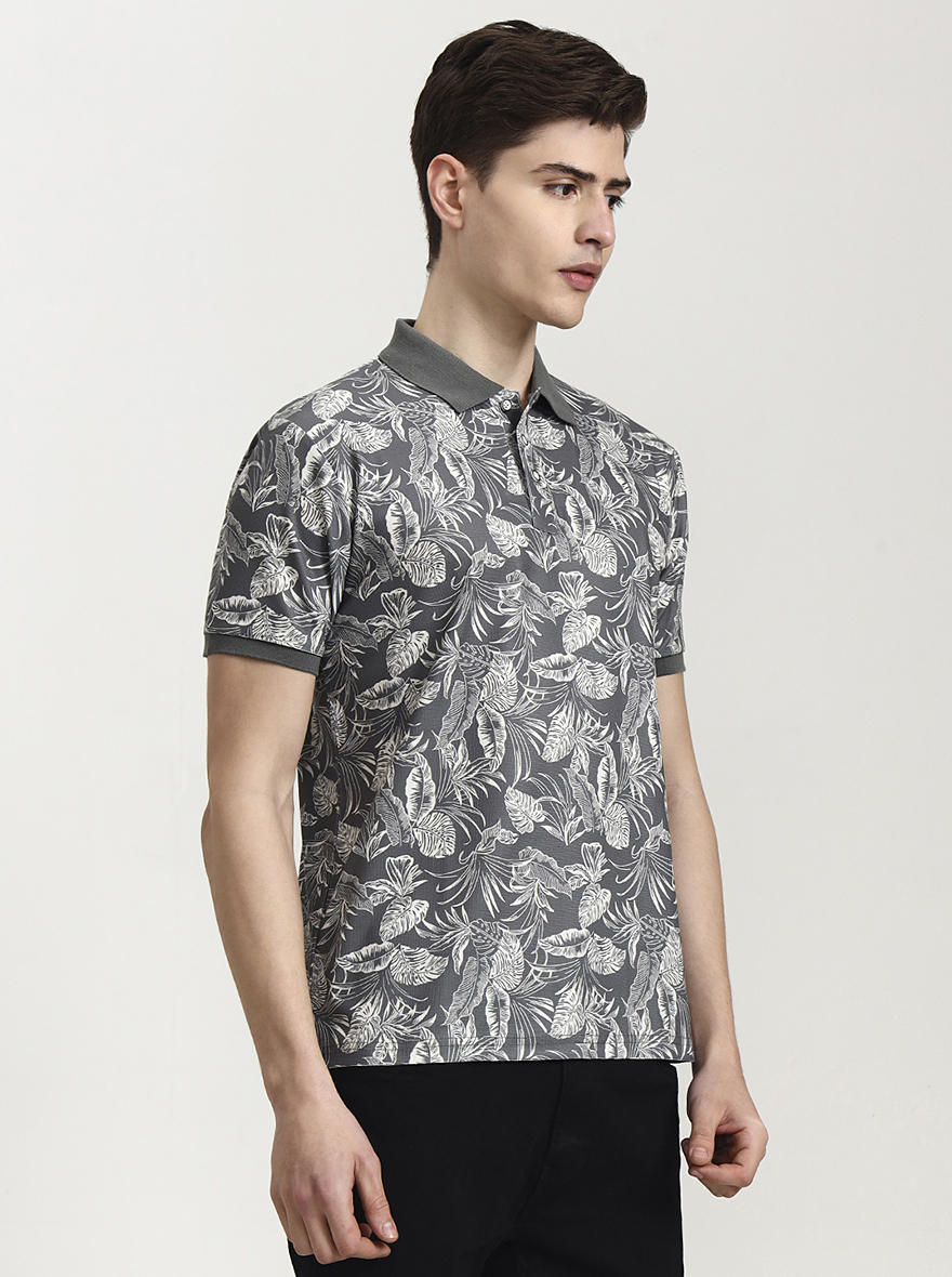 Olive Grey Printed Slim Fit Polo T-Shirt | JadeBlue