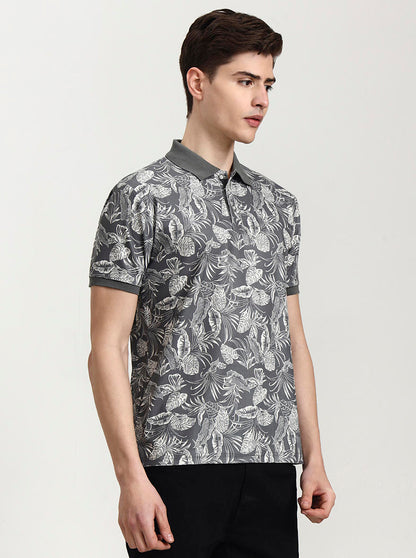 Olive Grey Printed Slim Fit Polo T-Shirt | JadeBlue