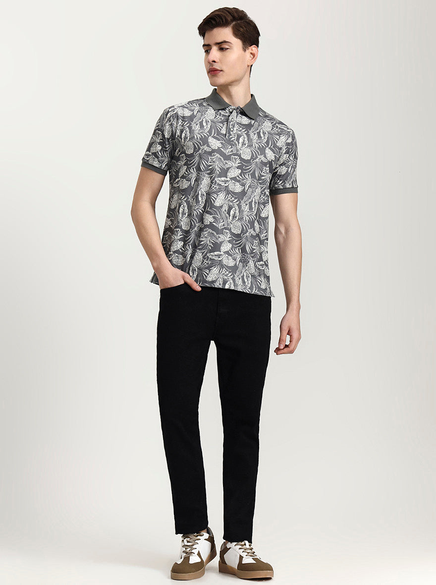 Olive Grey Printed Slim Fit Polo T-Shirt | JadeBlue
