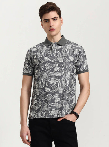 Olive Grey Printed Slim Fit Polo T-Shirt | JadeBlue