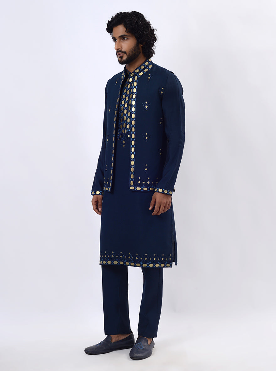 Navy Blue Kurta Set with Koti | Azania