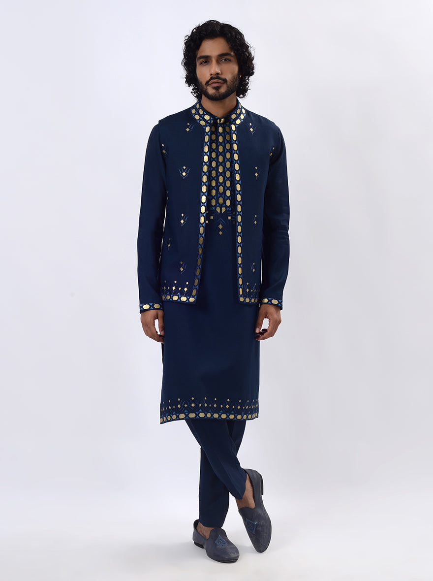 Navy Blue Kurta Set with Koti | Azania
