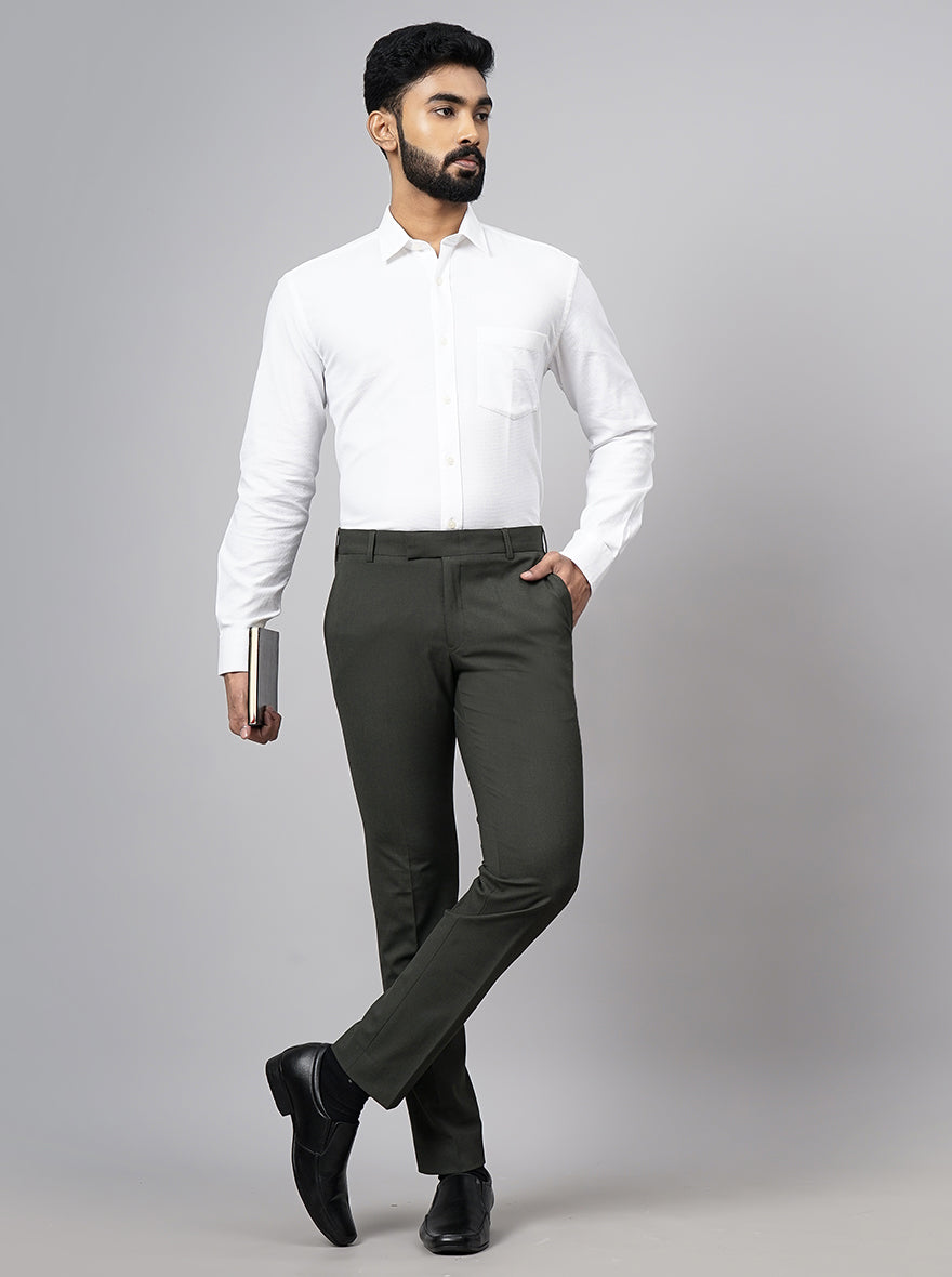 Olive Green Solid Super Slim Fit Formal Trouser | JadeBlue Youth