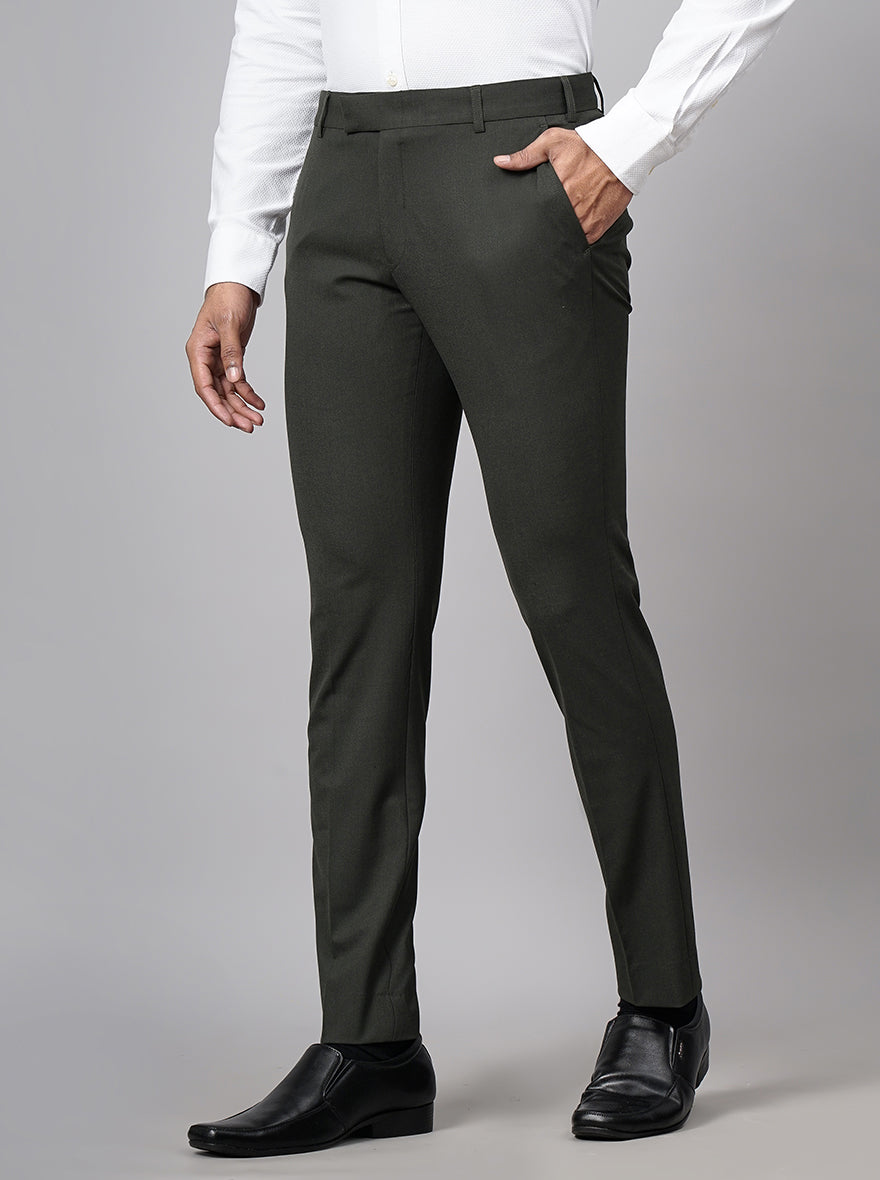 Olive Green Solid Super Slim Fit Formal Trouser | JadeBlue Youth