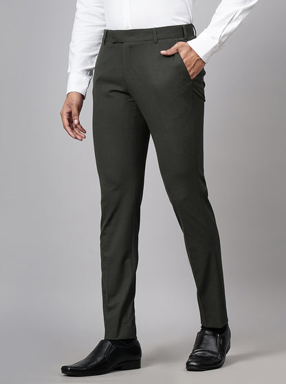 Olive Green Solid Super Slim Fit Formal Trouser | JadeBlue Youth