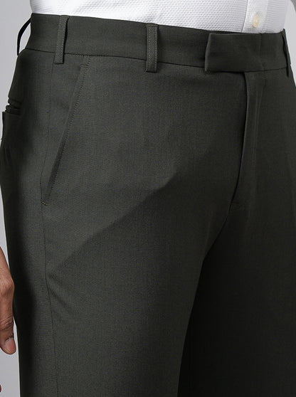 Olive Green Solid Super Slim Fit Formal Trouser | JadeBlue Youth