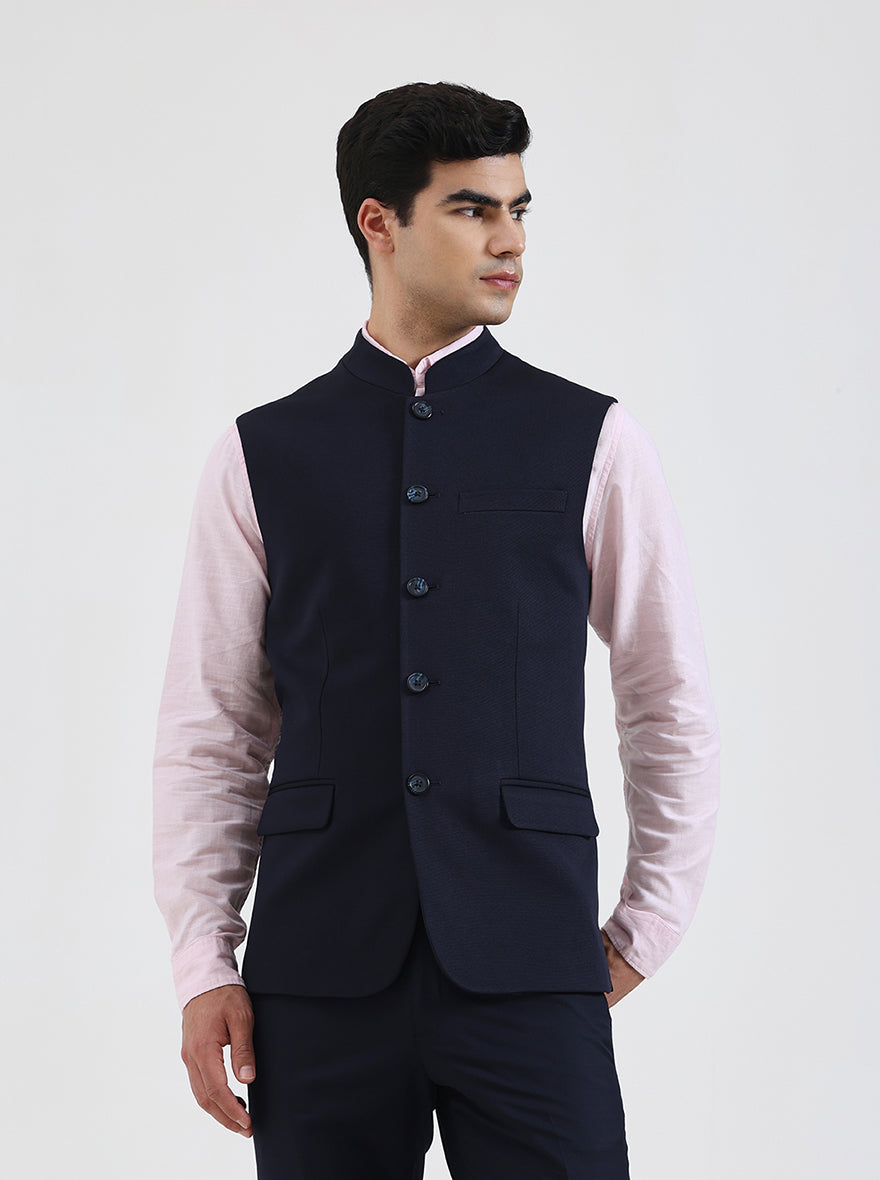 Navy Blue Solid Regular Fit Waistcoat | Wyre