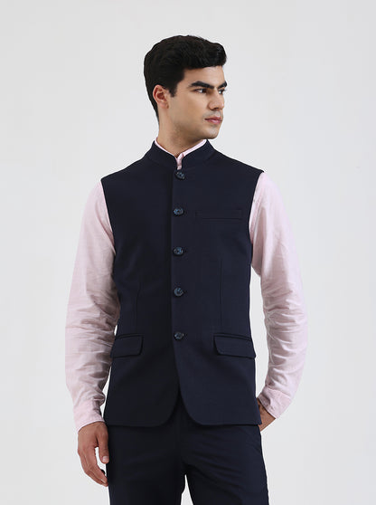 Navy Blue Solid Regular Fit Waistcoat | Wyre