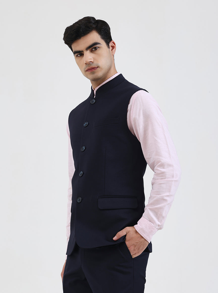 Navy Blue Solid Regular Fit Waistcoat | Wyre