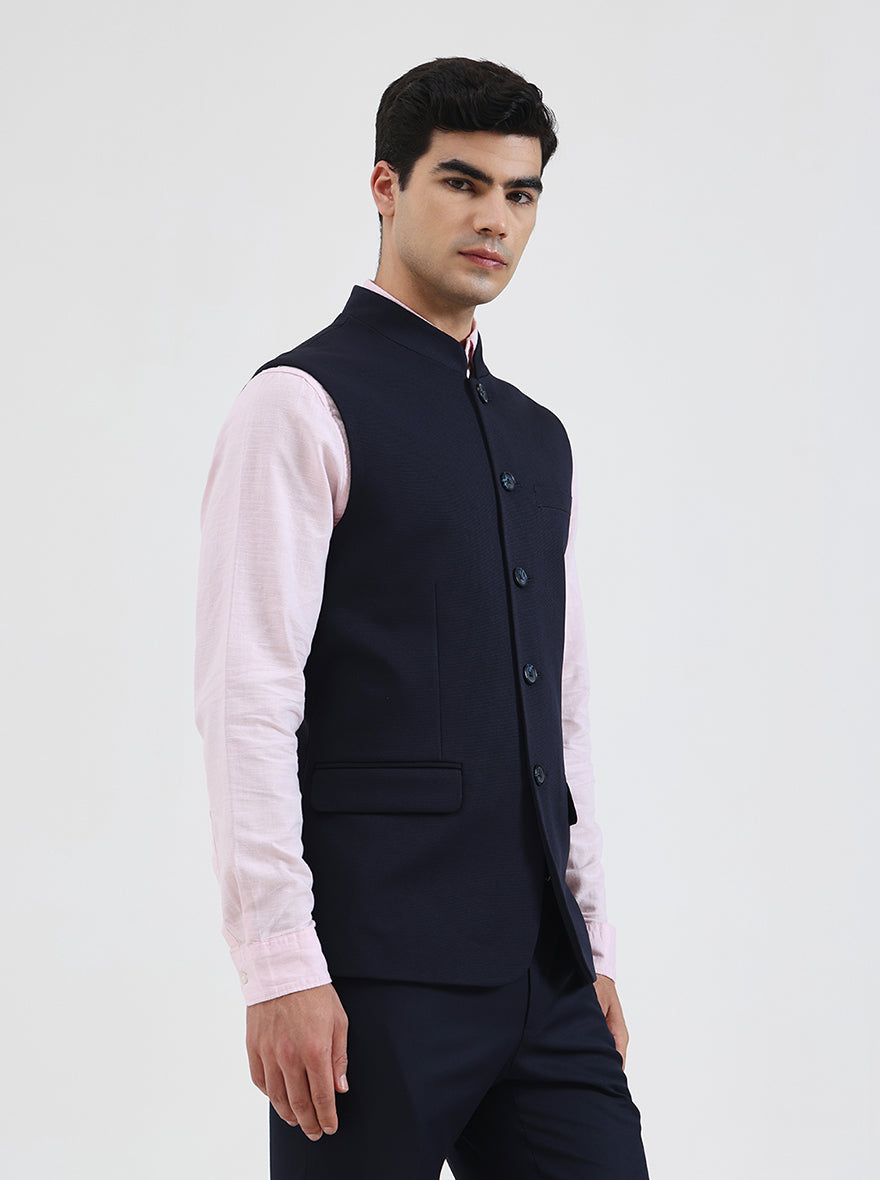 Navy Blue Solid Regular Fit Waistcoat | Wyre