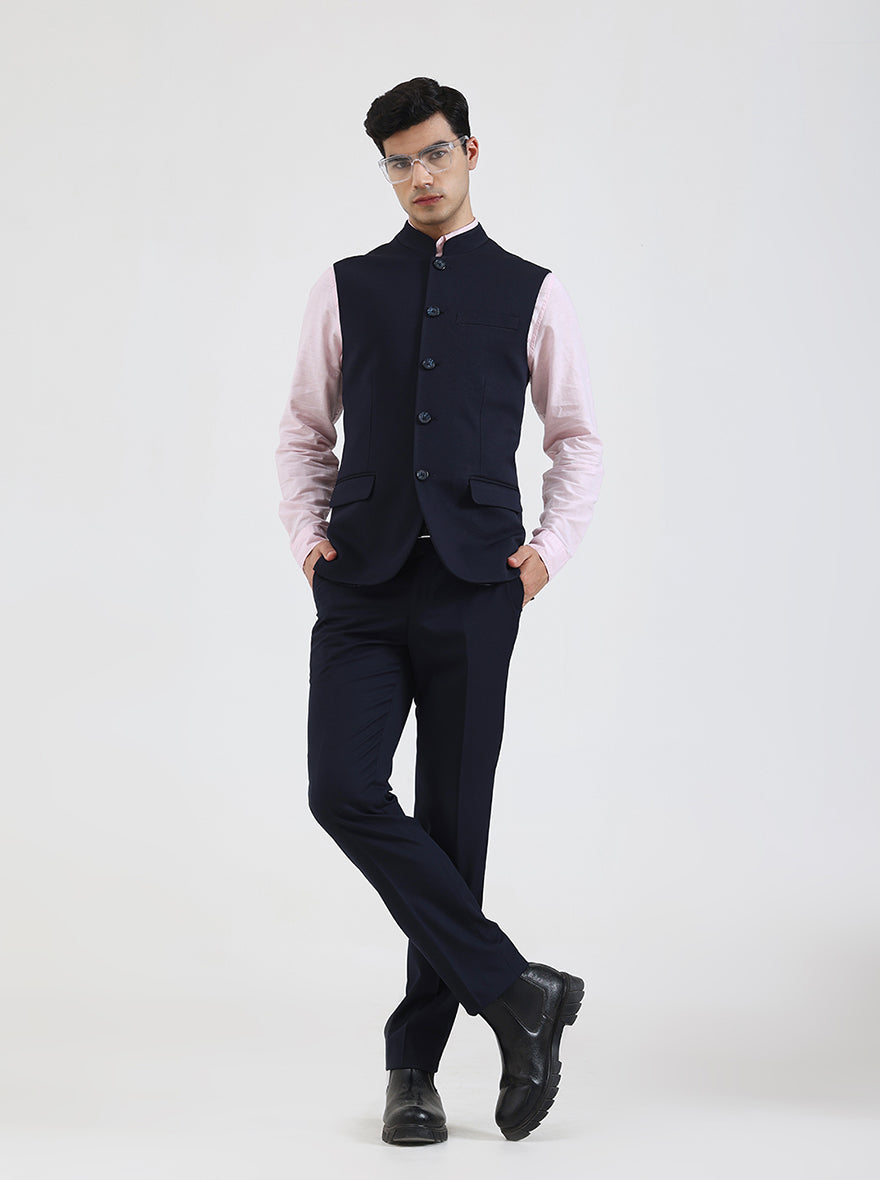 Navy Blue Solid Regular Fit Waistcoat | Wyre