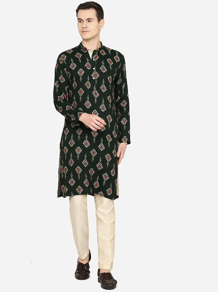 Deep Bottle Green Printed Cotton Blend Kurta | The Kurta Company