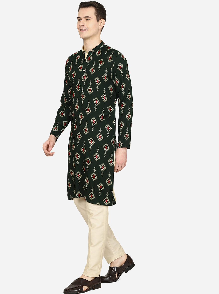 Deep Bottle Green Printed Cotton Blend Kurta | The Kurta Company