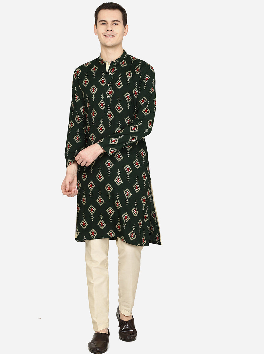 Deep Bottle Green Printed Cotton Blend Kurta | The Kurta Company