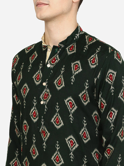 Deep Bottle Green Printed Cotton Blend Kurta | The Kurta Company