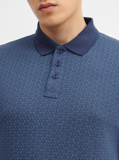 Blue Printed Slim Fit Polo T-Shirt | JadeBlue