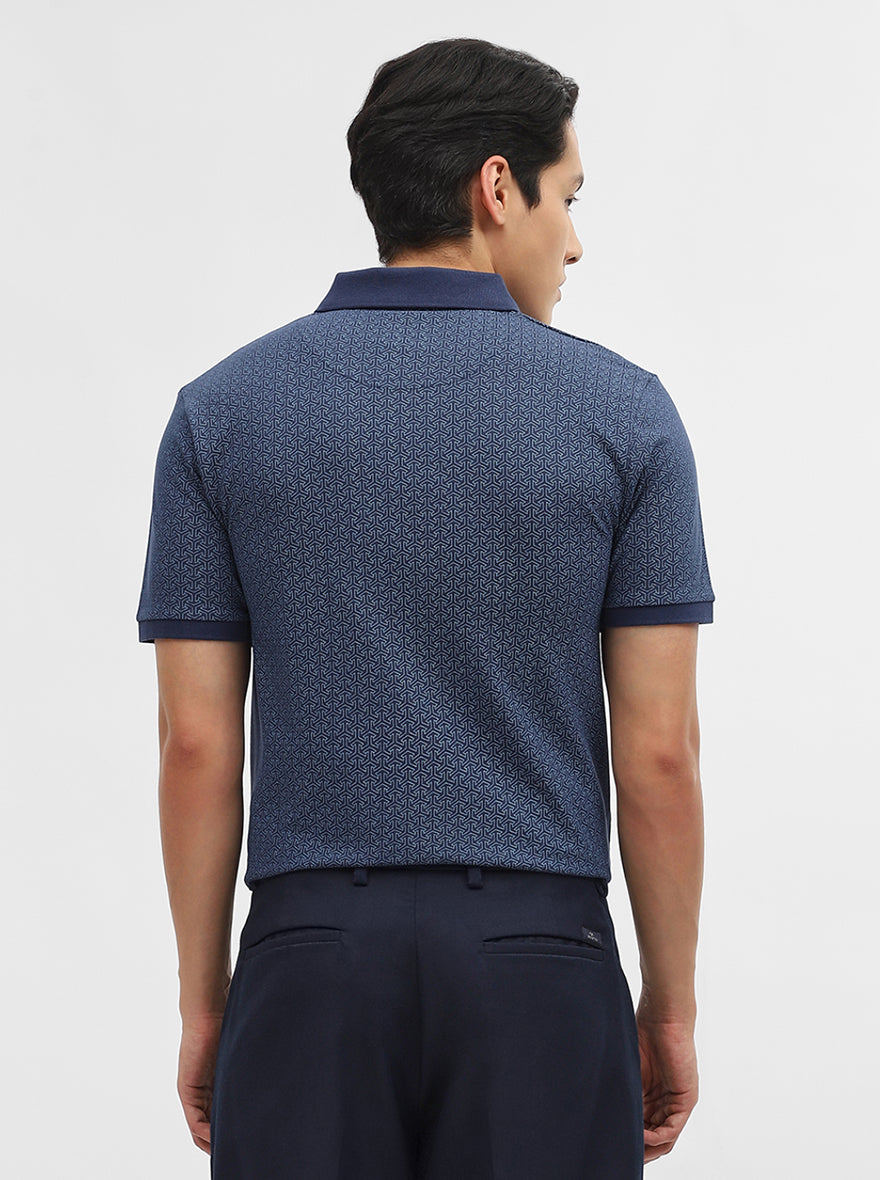 Blue Printed Slim Fit Polo T-Shirt | JadeBlue