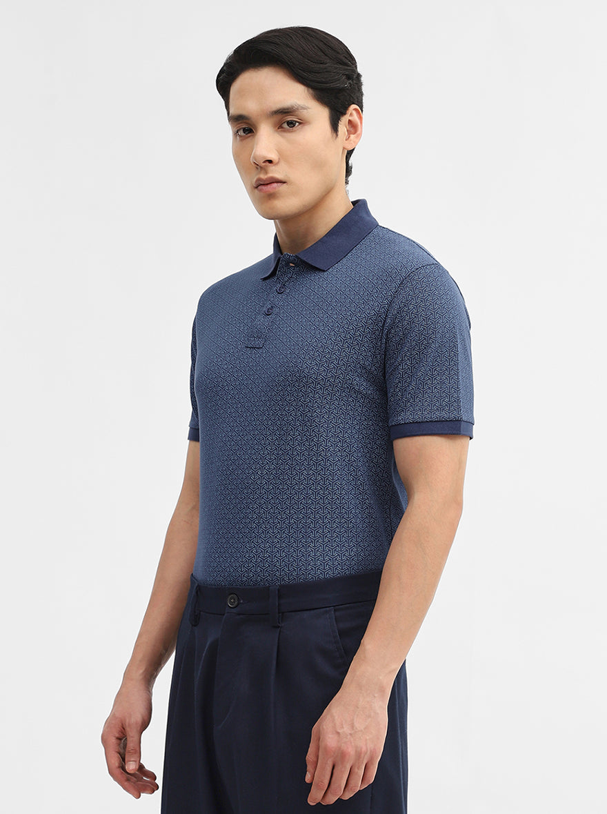 Blue Printed Slim Fit Polo T-Shirt | JadeBlue