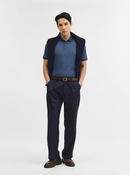 Blue Printed Slim Fit Polo T-Shirt | JadeBlue