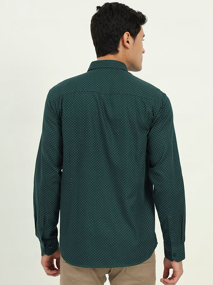Bottle Green Printed Slim Fit Semi Casual Shirt | Greenfibre