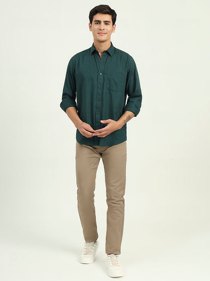 Bottle Green Printed Slim Fit Semi Casual Shirt | Greenfibre