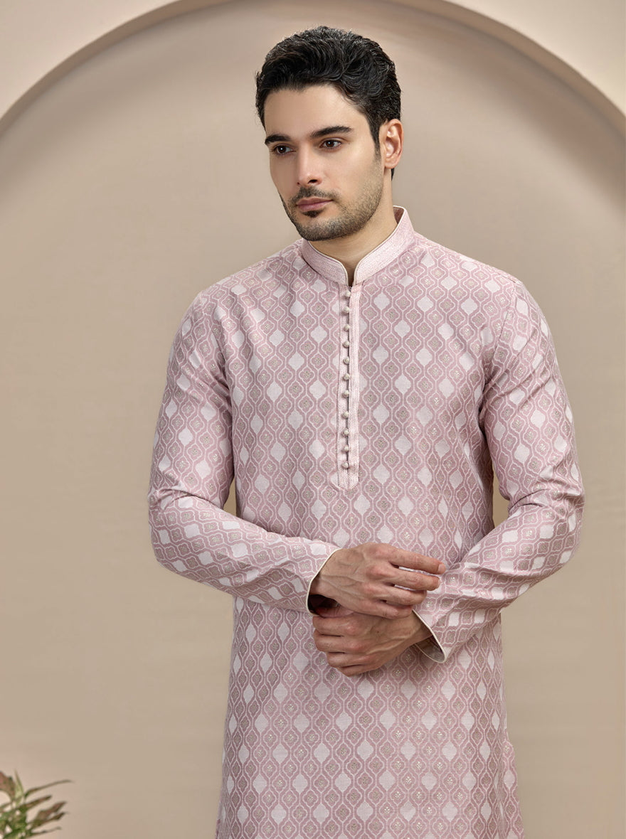 Onion Pink Self Design Kurta Pajama | Virasana