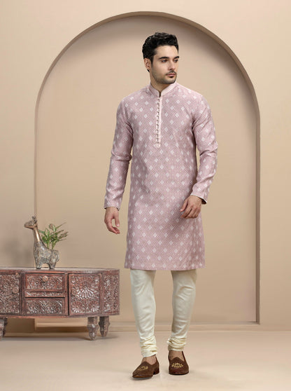 Onion Pink Self Design Kurta Pajama | Virasana
