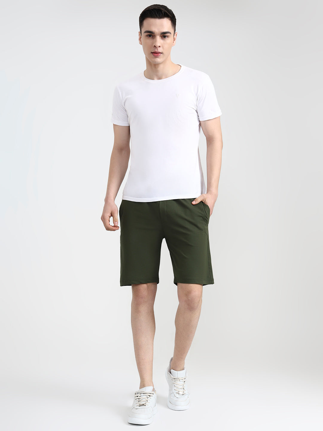 Olive Green Solid Slim Fit Shorts | JadeBlue